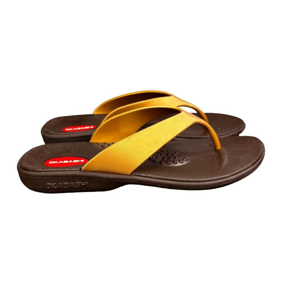Okabashi Sandals size M L Women Gold Brown Flip Flops Thongs Slip On Shoes